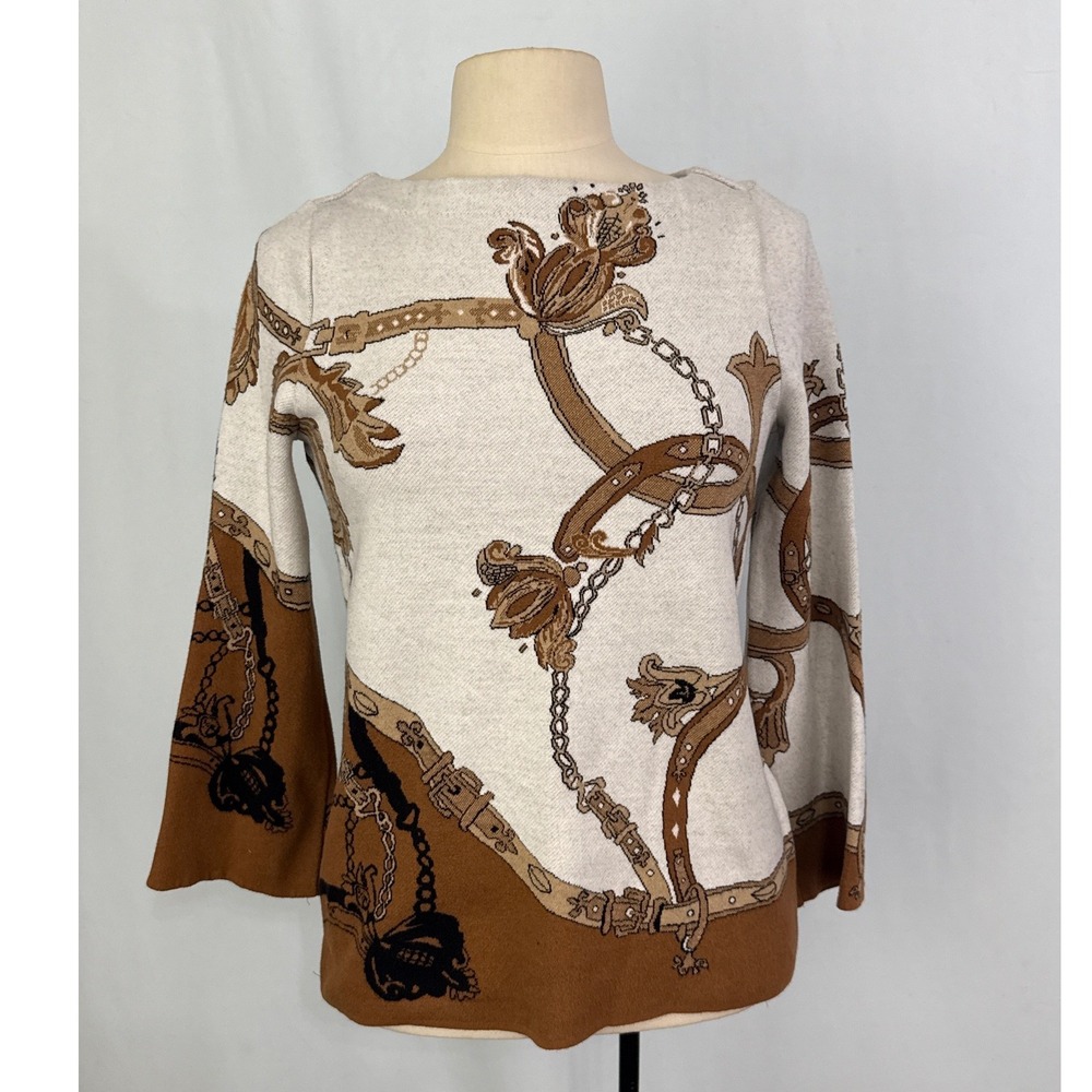 Chicos Brown Cream Chain Belt Floral Motif Sweater Top Jacquard Boat Neck sz 0 S
